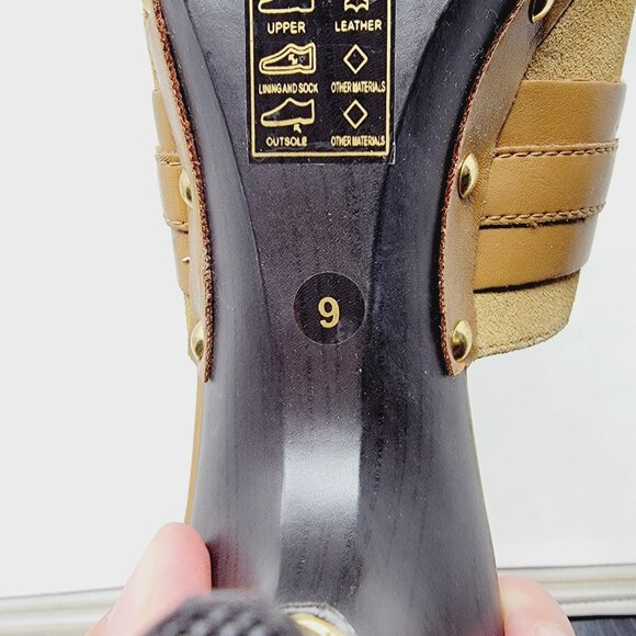 Baby Phat Tan Suede Mule Heels Gold Logo Buckle Rhinestone Studded Shoes sz 9 - Picture 5 of 7